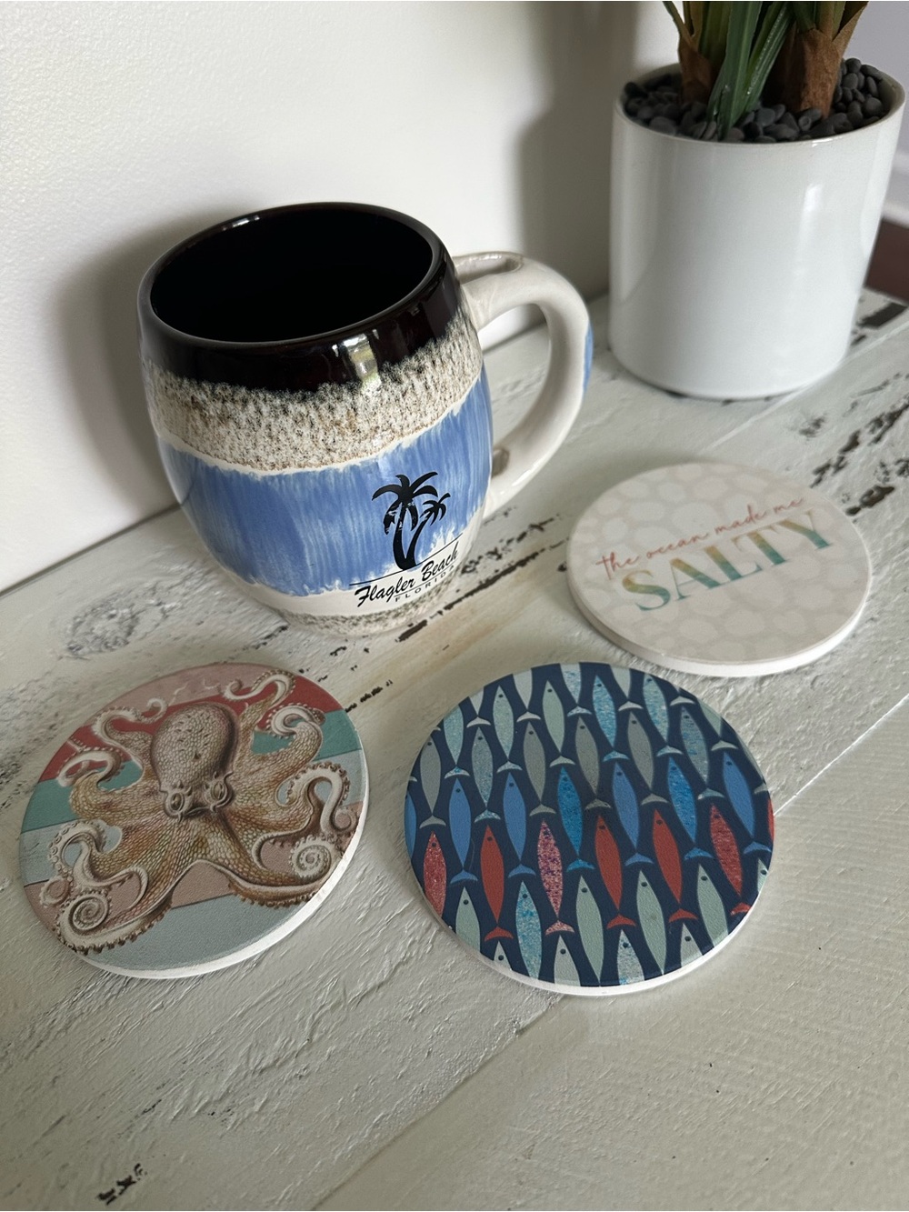 Blue & Cream Ceramic Palm Tree Mug with Coastal Coasters Bundle